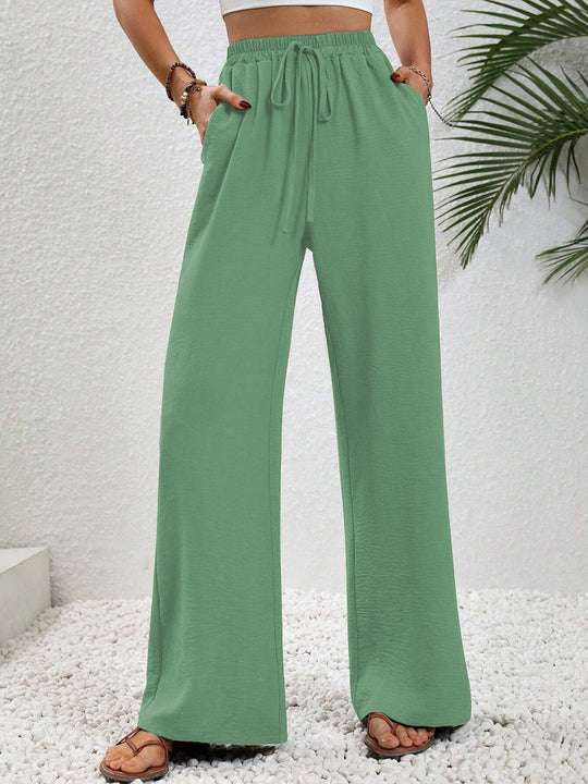 Damen Weite Palazzohose mit hohem Elastikbund, Kordelzug und Eingrifftaschen Shop Nory