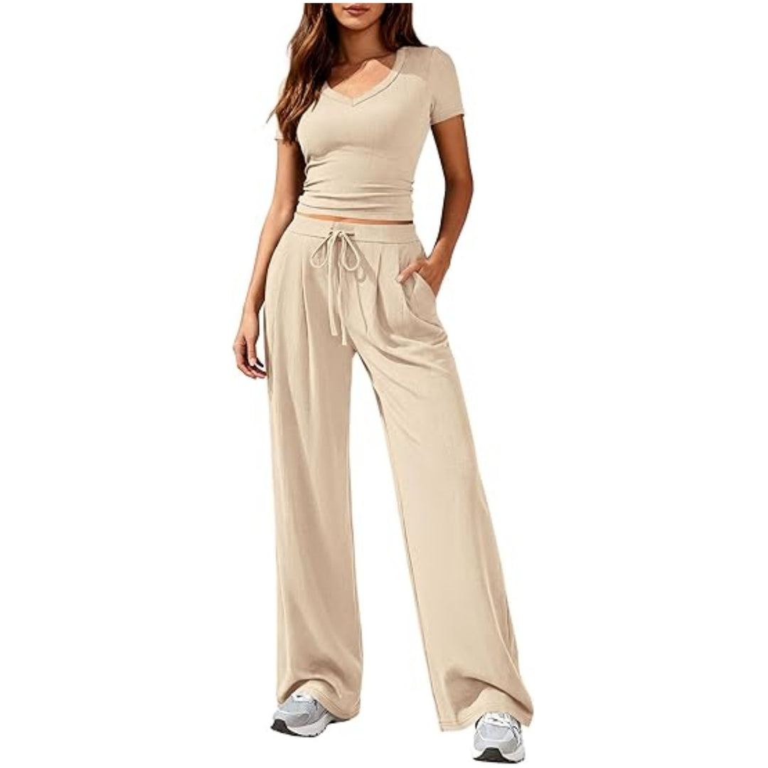 Damen Lässiges Lounge-Set mit tailliertem V-Ausschnitt bauchfreiem Top und weitem Kordelbund-Hose Shop Nory