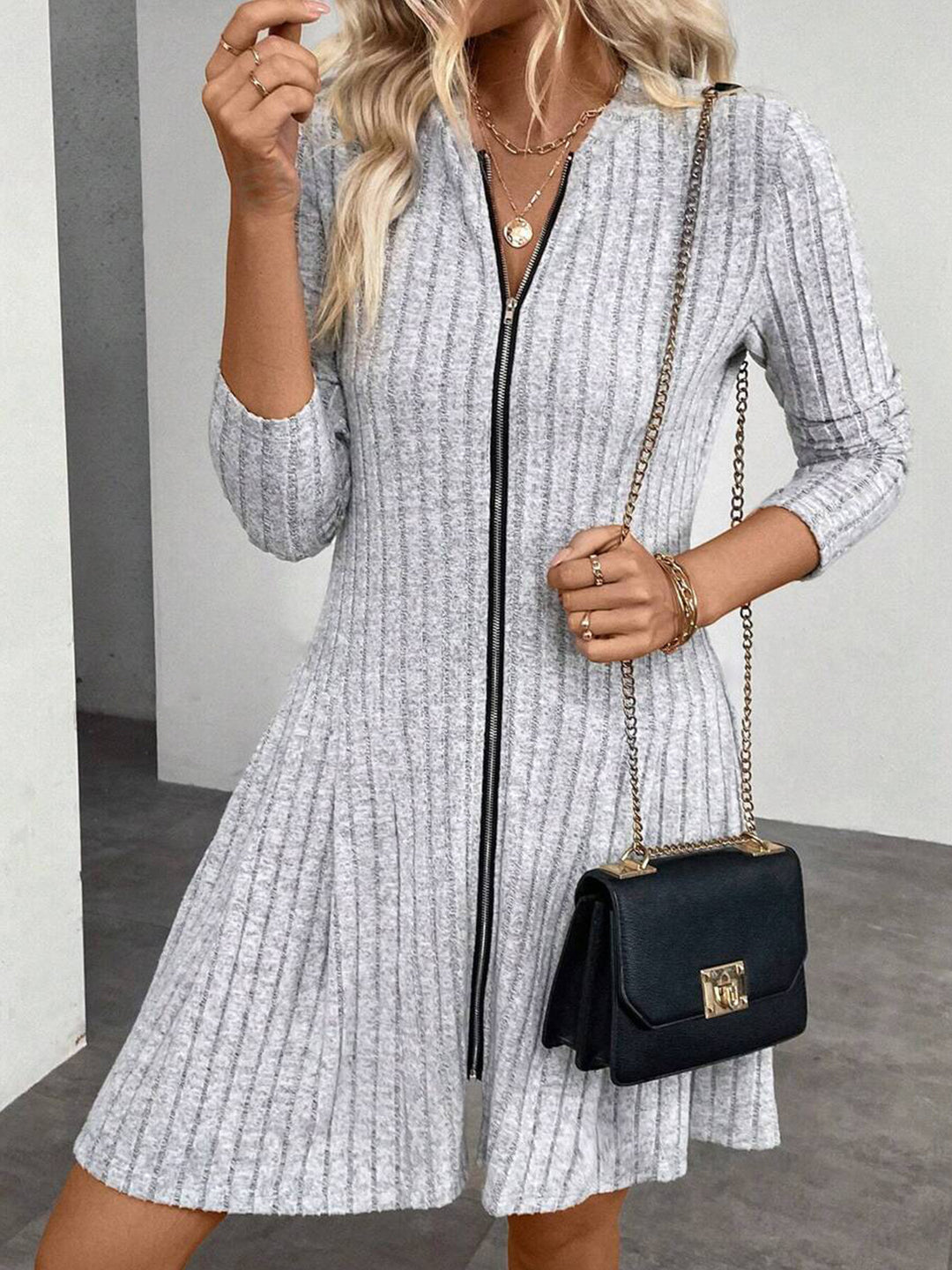 Damen Geripptes Strickkleid mit Frontreißverschluss und A-Linien-Silhouette Shop Nory