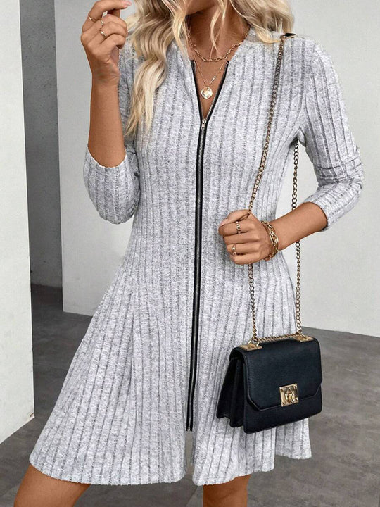 Damen Geripptes Strickkleid mit Frontreißverschluss und A-Linien-Silhouette Shop Nory