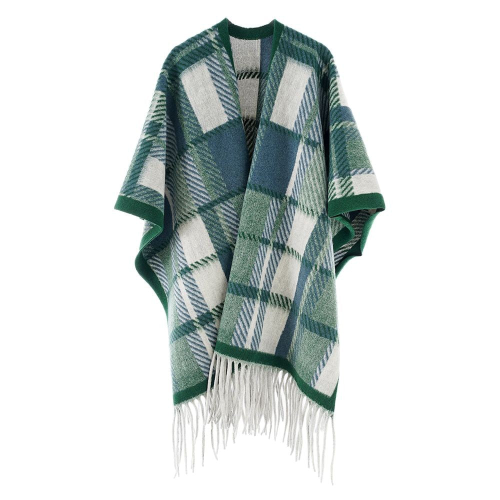 Damen Oversize-Wollmix-Poncho mit Karomuster und Fransensaum Shop Nory