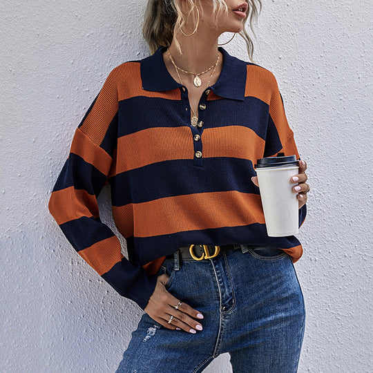 Damen Eleganter Pullover mit Polo-Kragen und Streifen Shop Nory