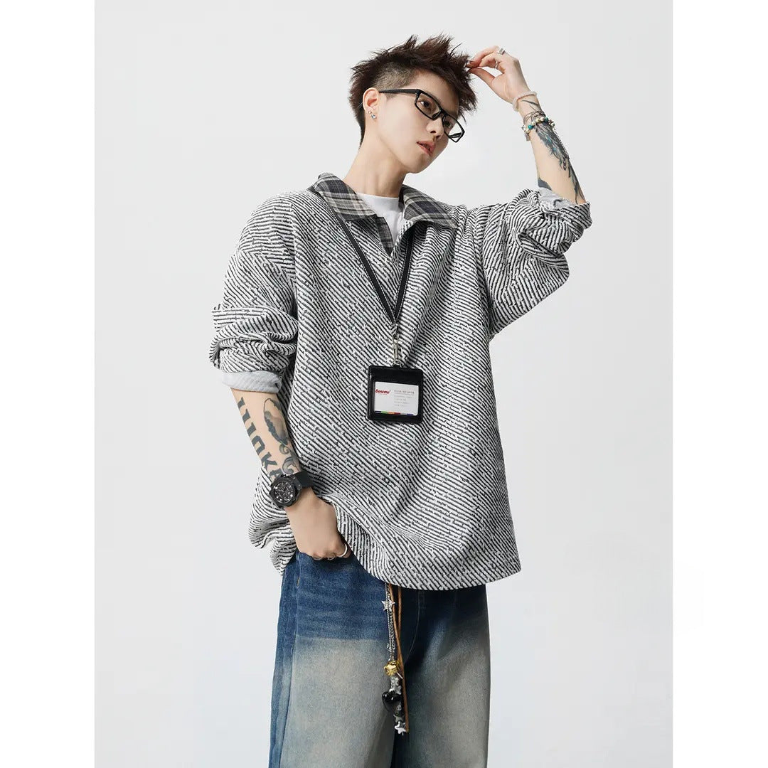 Herren Oversize Strukturiertes Sweatshirt mit Polokragen und diagonaler Strickstruktur Shop Nory
