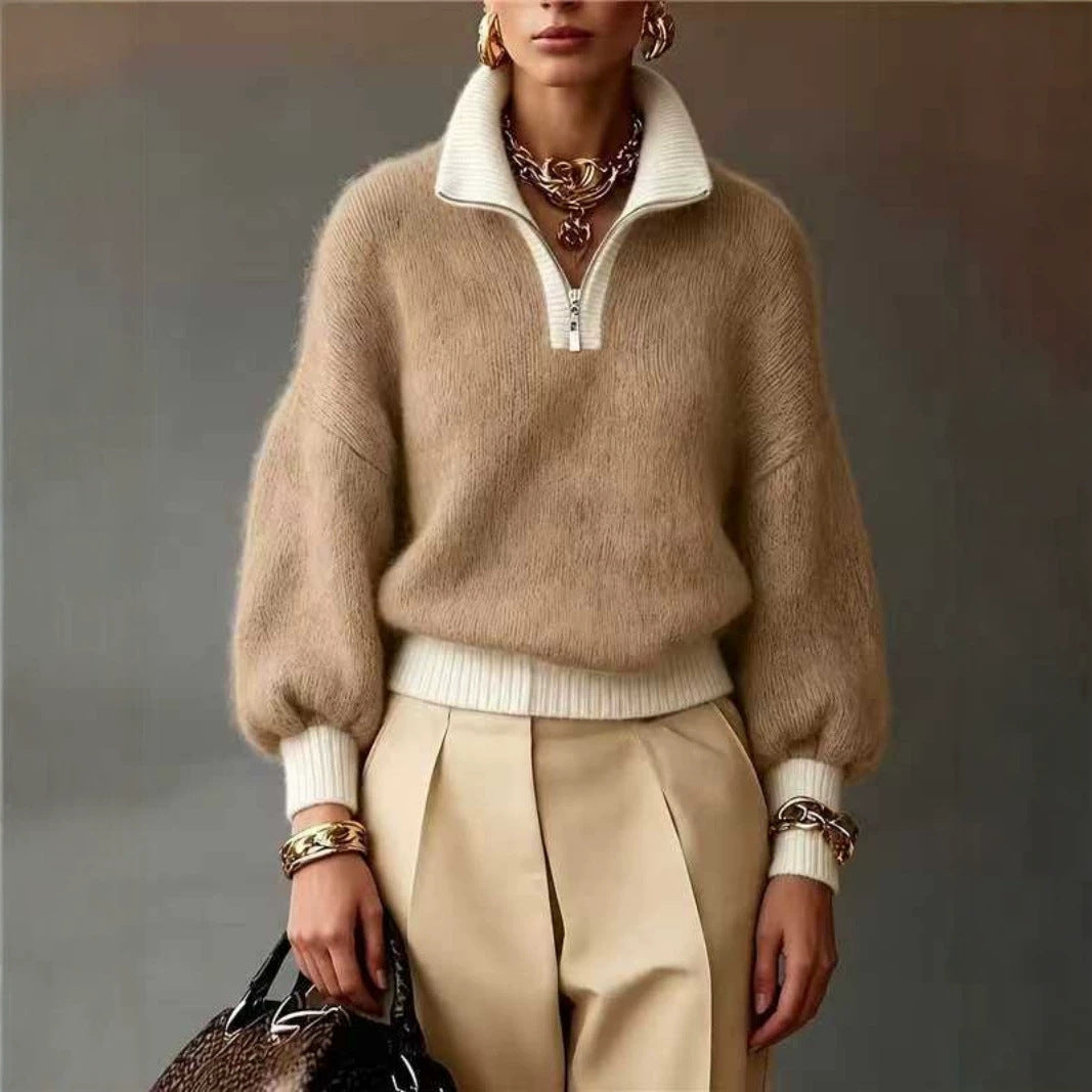 Damen Flauschiger Pullover mit halbem Reißverschluss, Stehkragen und Ballonärmeln Shop Nory