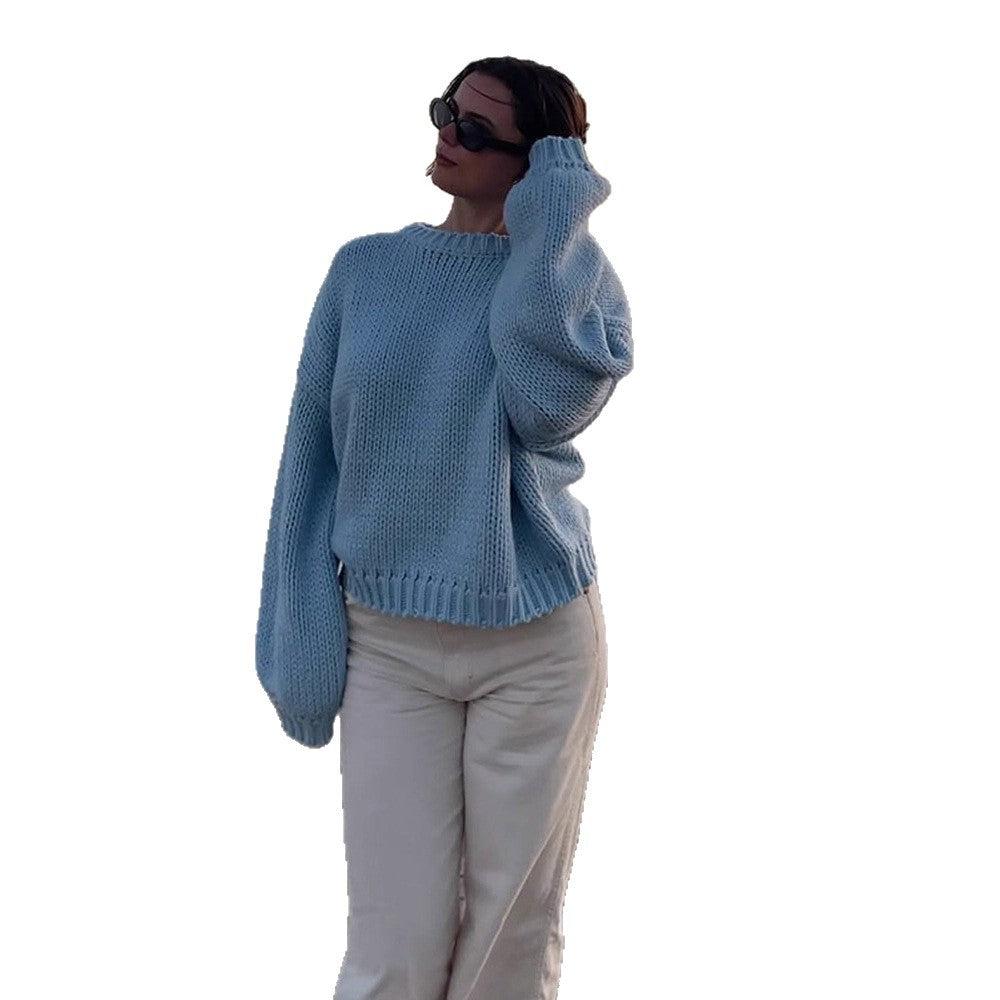 Damen Oversize Grobstrick-Pullover mit Ballonärmeln und breitem Rippenkragen Shop Nory