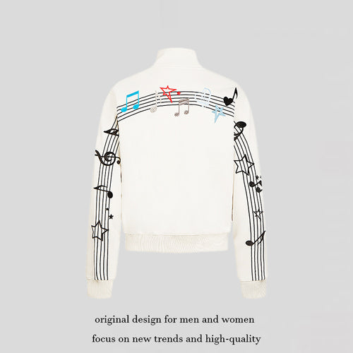 Damen Kurz geschnittene Stehkragen‑Sweatjacke mit Noten- und Stern-Stickerei Shop Nory