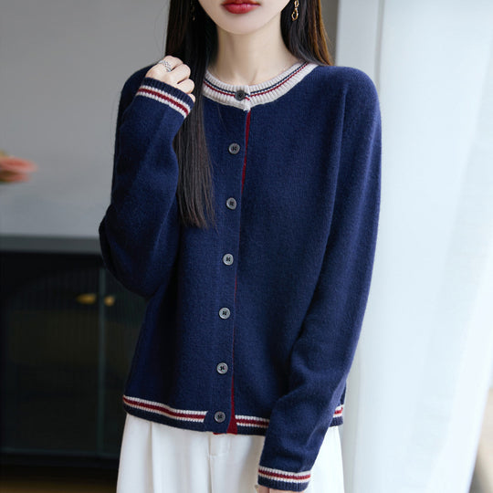 Damen Lockerer Feinstrick-Cardigan mit Kontraststreifen an Kragen und Bündchen Shop Nory