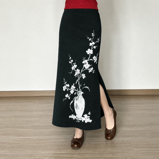 Damen nan ausgestellter Maxi-Rock mit A-Linien-Schnitt, elastischem Bund und floraler Aquarell-Vasen-Print Shop Nory