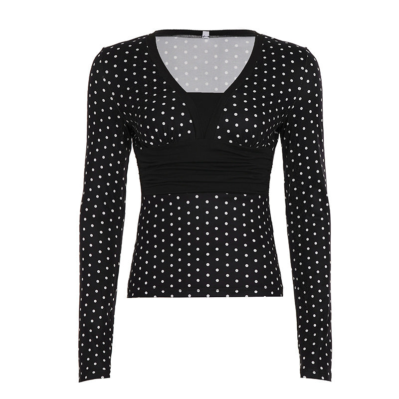 Damen nan taillierte Wickelbluse mit Polka‑Dot Muster, tiefem V‑Ausschnitt und breitem Taillenband Shop Nory