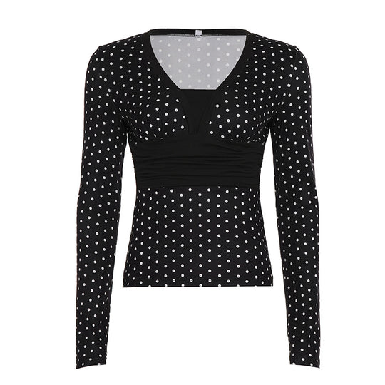Damen nan taillierte Wickelbluse mit Polka‑Dot Muster, tiefem V‑Ausschnitt und breitem Taillenband Shop Nory