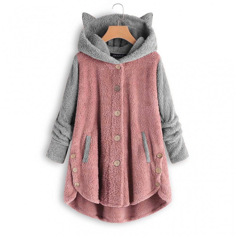 Damen Kuschelige Kapuzen‑Teddyjacke mit Katzenohren, Holzknopf‑Details und High‑Low‑Saum Shop Nory