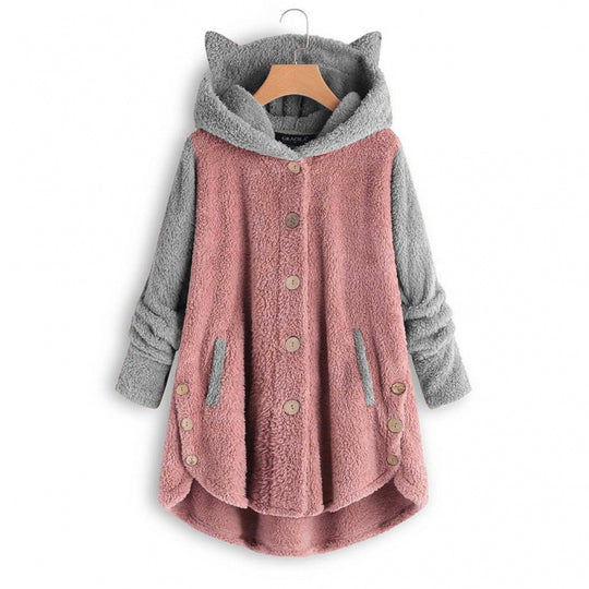 Damen Kuschelige Kapuzen‑Teddyjacke mit Katzenohren, Holzknopf‑Details und High‑Low‑Saum Shop Nory