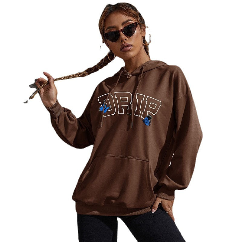 Damen Oversize-Kapuzenpullover mit Kängurutasche und Schmetterling-Stickerei Shop Nory
