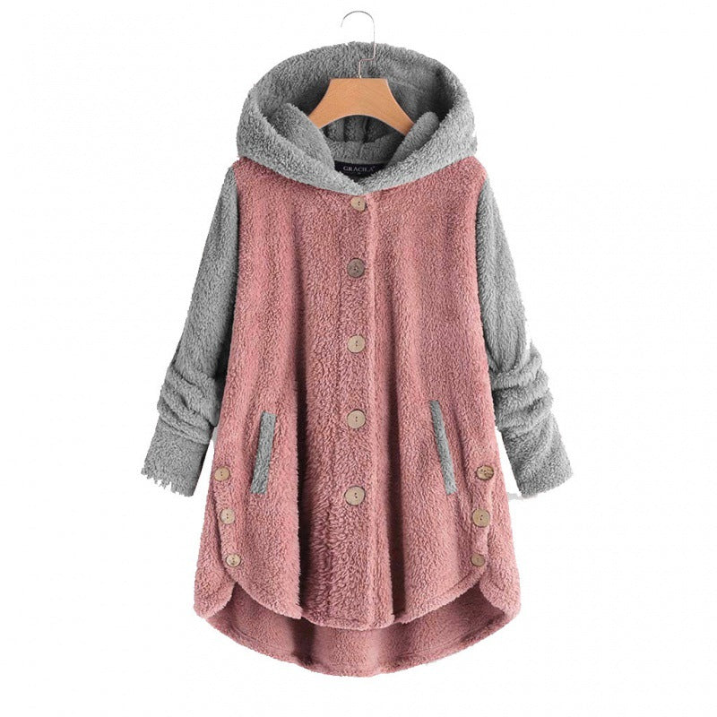 Damen Oversized Teddy-Mantel mit Kapuze, asymmetrischem Zipfelsaum und Holzknopf-Leiste Shop Nory