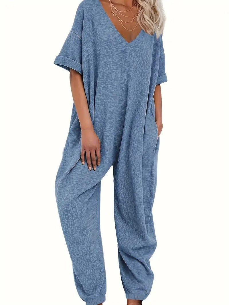 Damen Oversized Jumpsuit mit tiefem V-Ausschnitt und lässigen Taschen