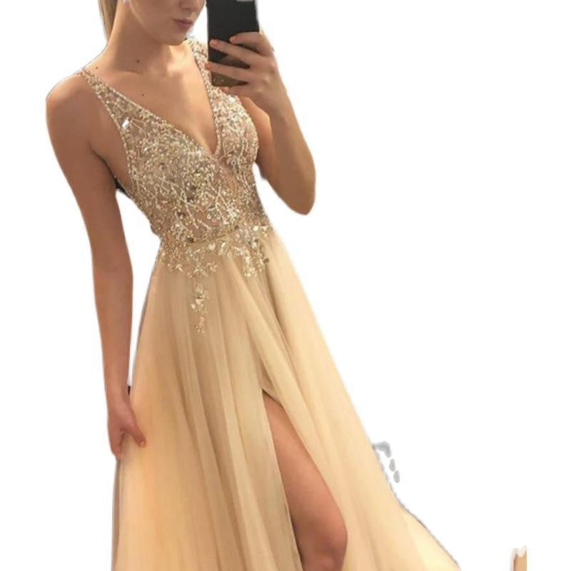 Damen Glamouröses Abendkleid mit funkelnder Applikation und hochgeschlitzt Design