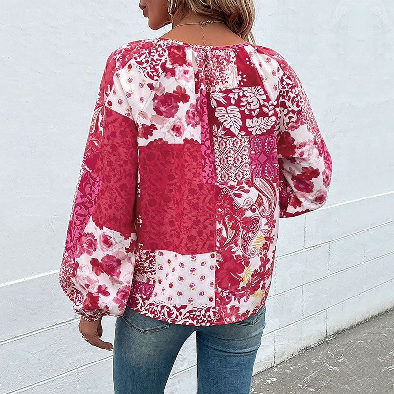 Damen Patchwork-Bluse mit V-Ausschnitt, BindShop Noryändern und Ballonärmeln Shop Nory