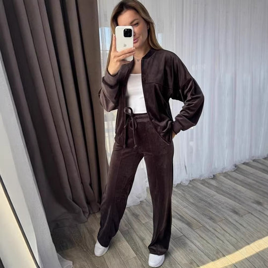 Damen Velours-Trainingsanzug mit Stehkragen und weitem Loungebund-Hosenbein Shop Nory