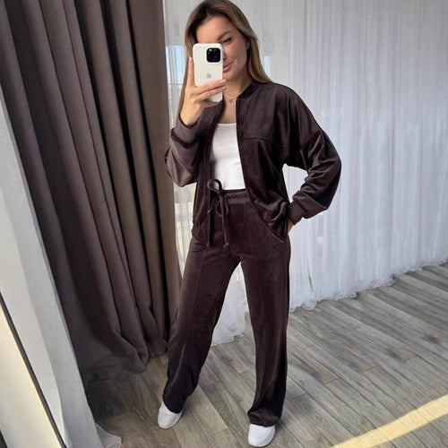 Damen Velours-Trainingsanzug mit Stehkragen und weitem Loungebund-Hosenbein Shop Nory