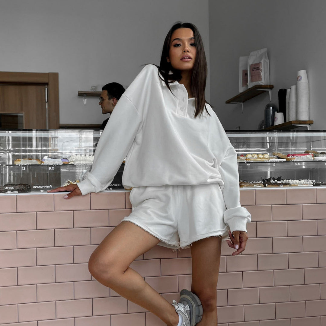 Damen Relaxed-Frottee-Loungewear-Set mit Oversize-Sweatshirt und ausgefransten Shorts Shop Nory