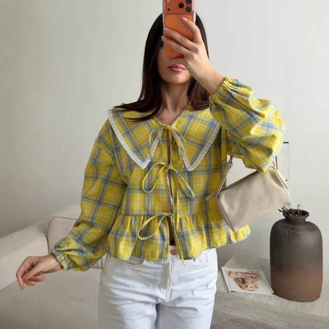 Damen Karierte Rüschenbluse mit übergroßem Spitzenkragen und Bindebändern Shop Nory