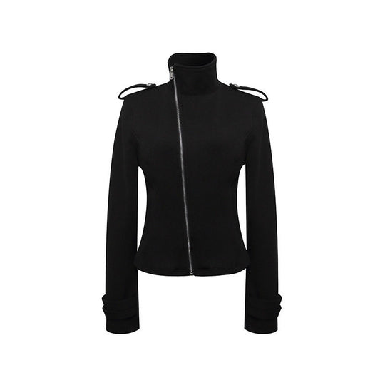 Damen Figurnahe Zip-Jacke mit Stehkragen, asymmetrischem Reißverschluss und Schulterklappen Shop Nory