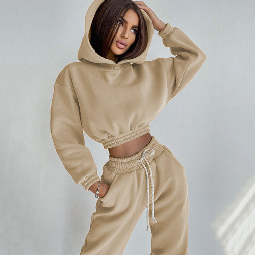 Damen cropped Kapuzen-Sweatset mit elastischem Rippbund und High-Waist Jogginghose Shop Nory
