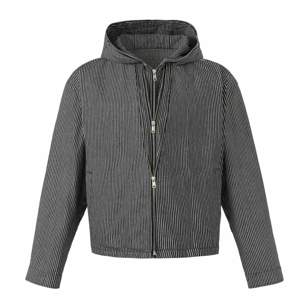 Unisex Gestreifte Kapuzen-Blousonjacke mit Doppelreißverschluss und elastischem Saum Shop Nory