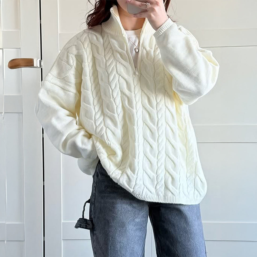 Damen nan oversized Zopfmuster-Troyer mit halbem Reißverschluss, hohem Stehkragen und gerundetem Saum Shop Nory