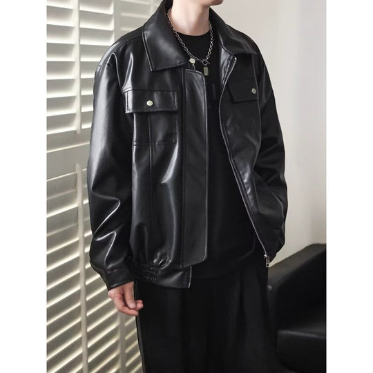 Herren Kurz geschnittene Oversized Kunstleder-Utility-Jacke mit Brustklappen und durchgehendem Reißverschluss Shop Nory