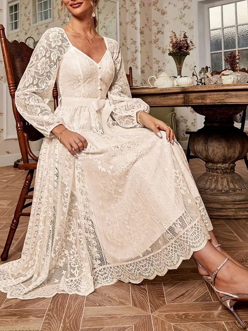 Damen Elegantes Spitze Midi-Kleid mit puffärmel und Taillenbindung