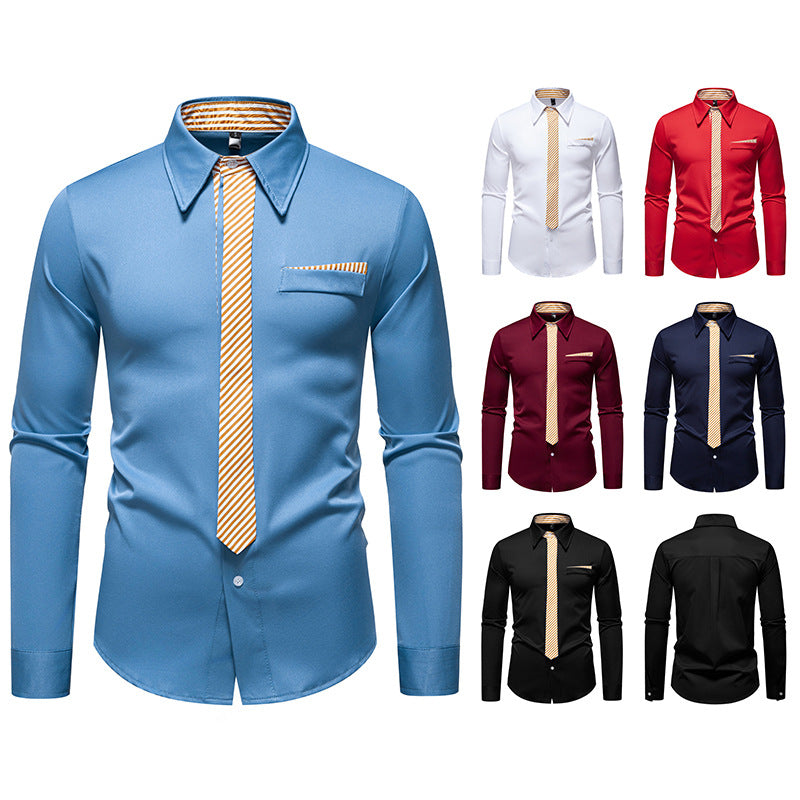 Herren Slim-Fit Businesshemd mit integrierter Krawatten-Optik und Brusttasche Shop Nory