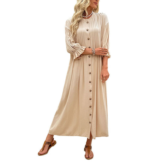 Damen Maxikleid mit durchgehender Knopfleiste, plissierter Brustpartie und Volantärmmel Shop Nory