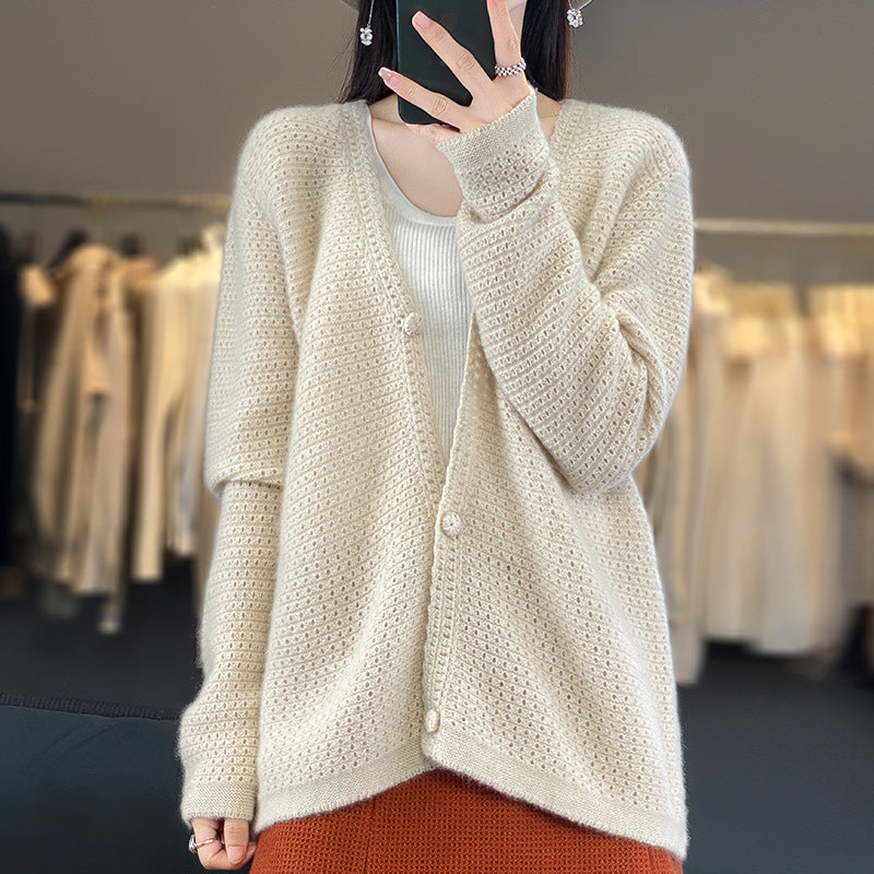Damen Offener Ajour-Strickcardigan mit dezentem Flauschfinish und kastiger Oversize-Silhouette Shop Nory