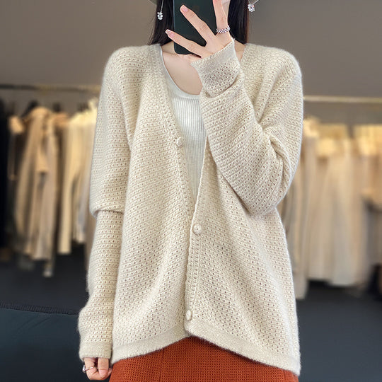 Damen Offener Ajour-Strickcardigan mit dezentem Flauschfinish und kastiger Oversize-Silhouette Shop Nory