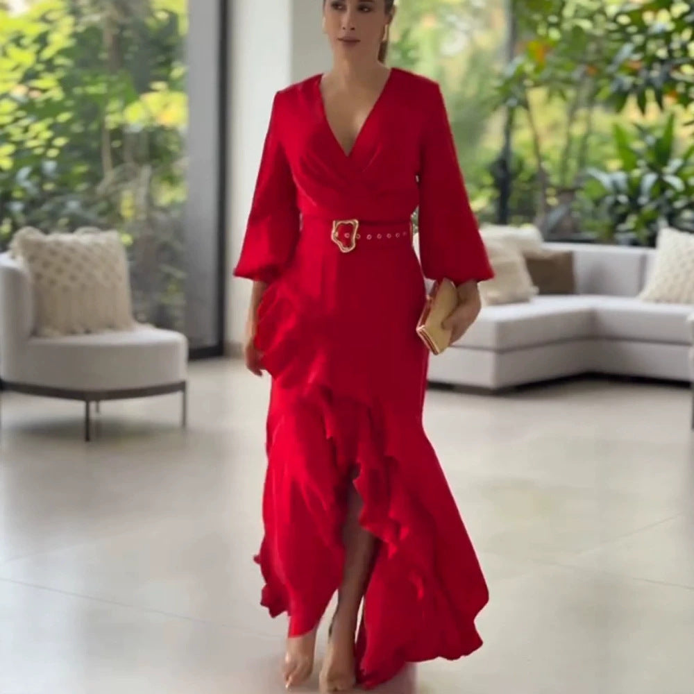 Damen Elegantes Wickel-Maxikleid mit Volants, tailliertem Gürtel & weitem Glockenärmel Shop Nory