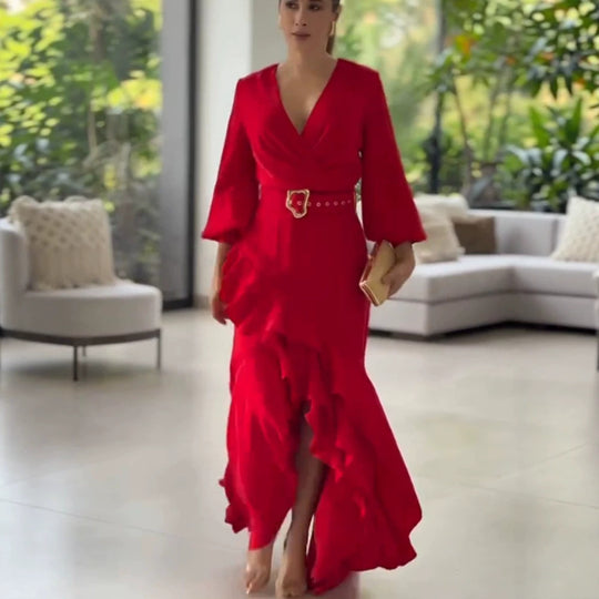 Damen Elegantes Wickel-Maxikleid mit Volants, tailliertem Gürtel & weitem Glockenärmel Shop Nory