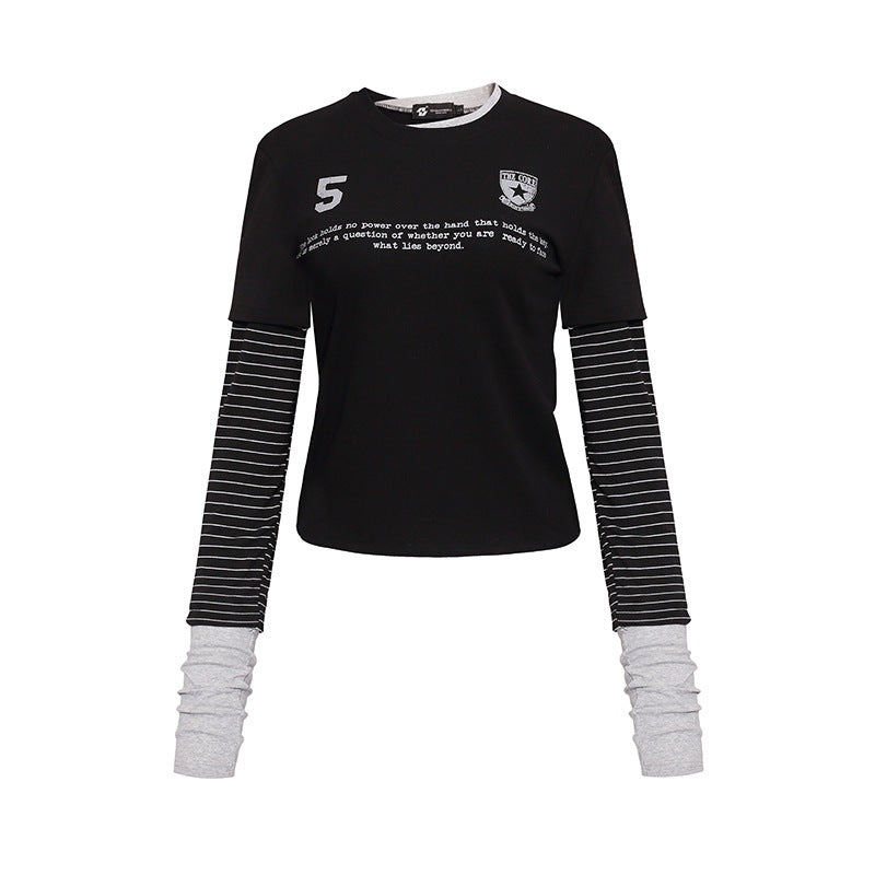 Damen Lagenlook-Langarmshirt mit gestreiften Einsatzärmeln und Badge Shop Nory