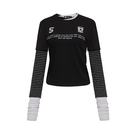 Damen Lagenlook-Langarmshirt mit gestreiften Einsatzärmeln und Badge Shop Nory