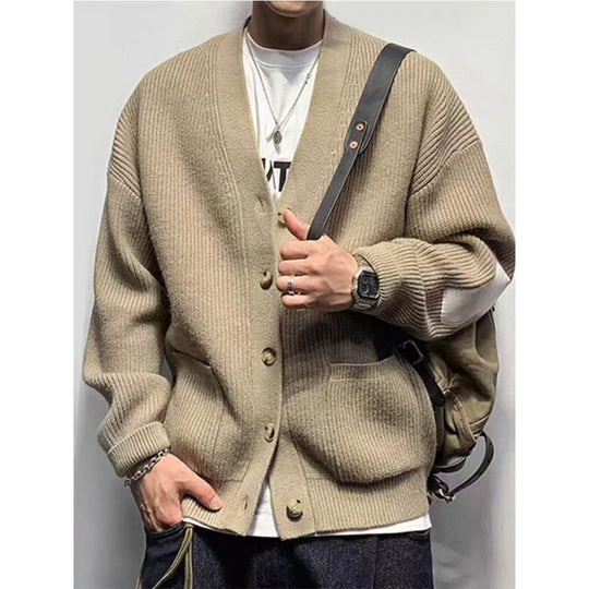 Herren Oversized Strickcardigan mit Ellenbogen-Patches und aufgesetzten Taschen Shop Nory