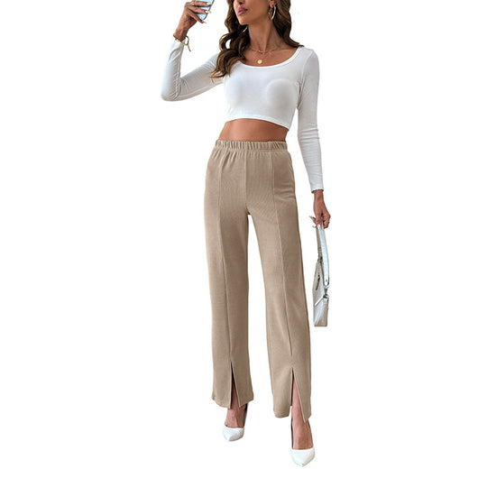Damen Weiche gerippte Palazzo-Hose mit hohem Elastikbund und Saumschlitz Shop Nory