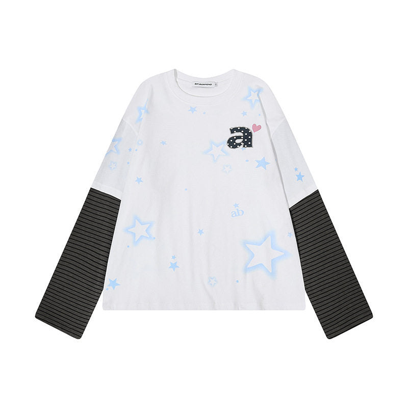 Damen Layered-Langarmshirt mit gestreiften Einsatzärmeln, Stern-Print und Applikation Shop Nory