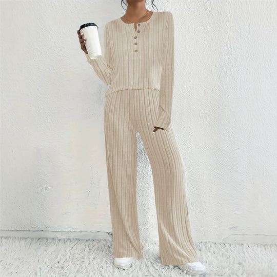 Damen Geripptes Lounge-Zweiteiler mit Henley-Top und weiter Palazzohose Shop Nory