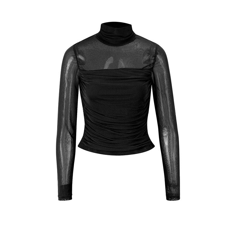 Damen Langarmshirt mit eleganter Raffung und transparentem Design