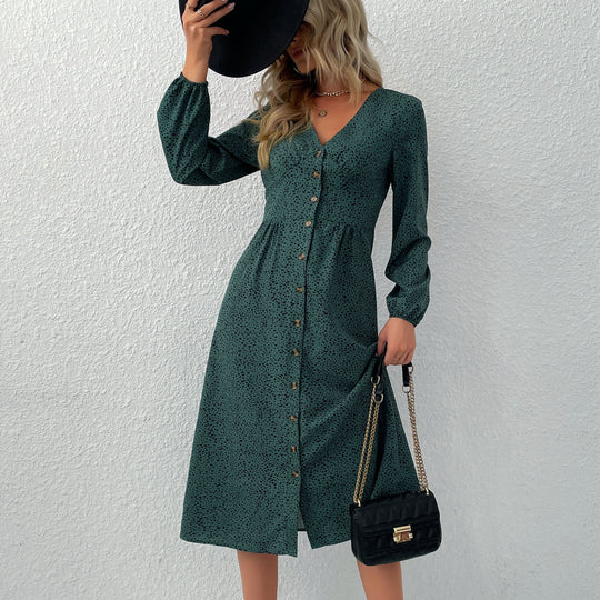 Damen V‑Ausschnitt Midikleid mit Knopfleiste, taillierter Schnitt und Ballonärmeln Shop Nory