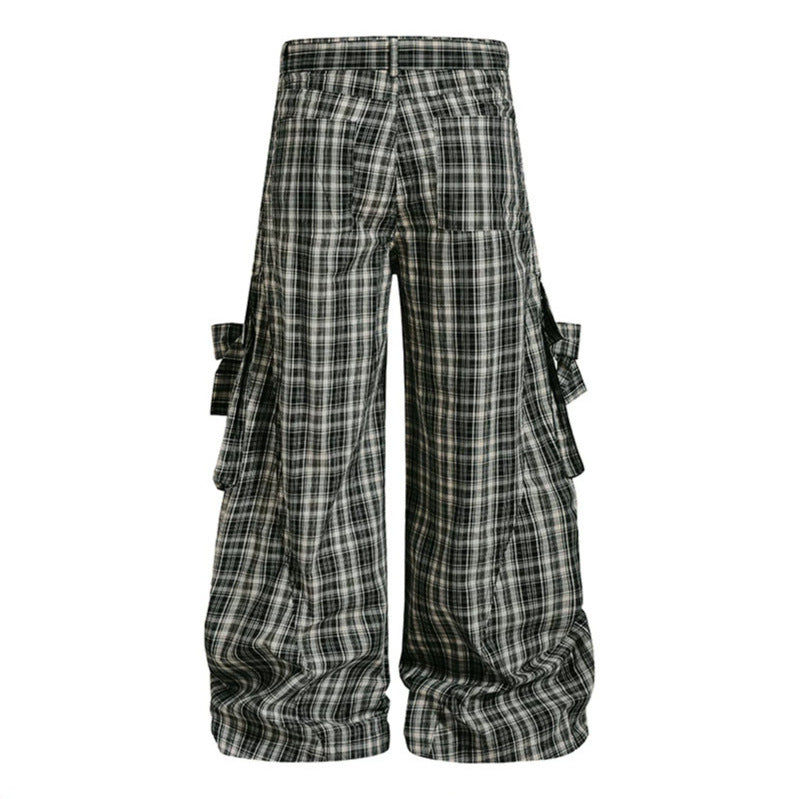 Damen karierte hochgeschnittene Cargo-Hose mit weitem Bein und Volant-Taschen Shop Nory