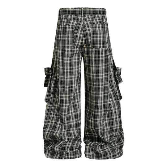 Damen karierte hochgeschnittene Cargo-Hose mit weitem Bein und Volant-Taschen Shop Nory