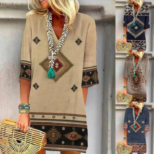 Damen Boho Tunika Kleid mit V-Ausschnitt, 3/4 Ärmeln und geometrischem ethnischem Druck Shop Nory