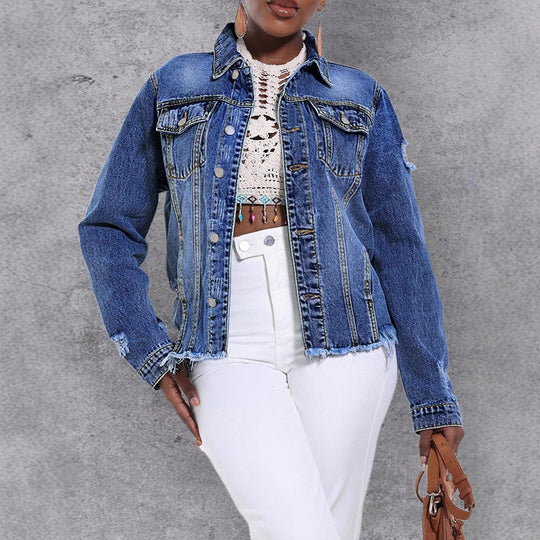 Damen Lässige Denim-Jacke mit Destroyed-Details, aufgesetzten Brusttaschen und ausgefranstem Saum Shop Nory