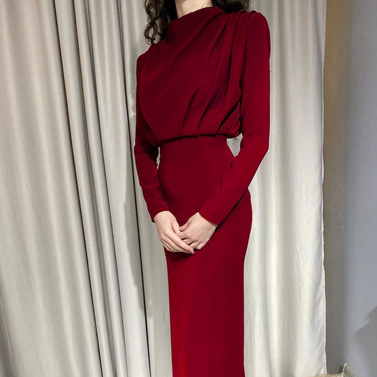 Damen elegantes Midikleid mit Drapierter Wasserfall-Front, taillierter Bleistift-Silhouette und langen Ärmeln Shop Nory